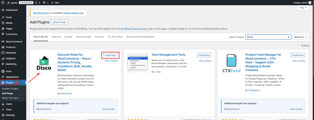 Step 1 of setting up automatic cart discounts in WooCommerce — finding and installing the Disco plugin from WordPress Add Plugins