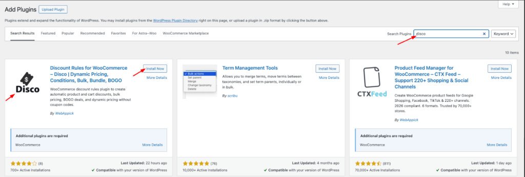 WordPress plugin directory showing Disco WooCommerce discount plugin with Install Now button highlighted