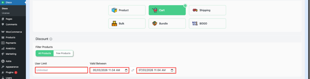 Step 5 of setting up an automatic cart discount in WooCommerce — configuring unlimited user limit and campaign validity date range in the Disco plugin
