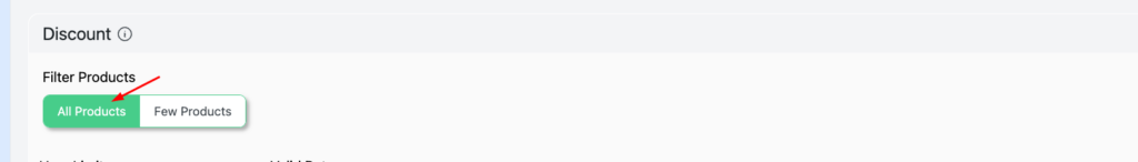 Disco WooCommerce fixed cart discount settings showing Filter Products option with "All Products" selected — enabling the cart discount rule to apply automatically across the entire store inventory.