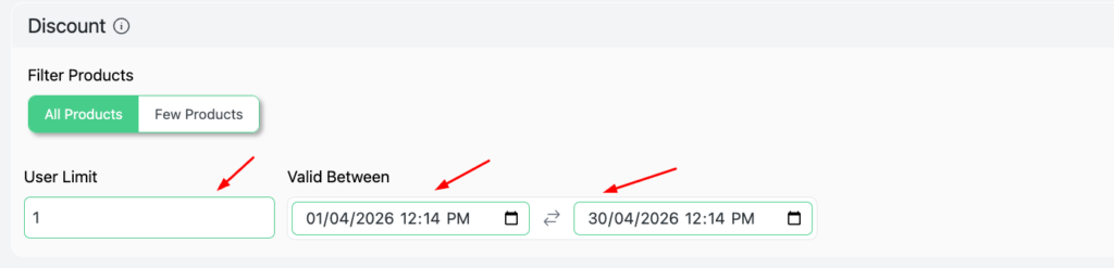 Disco WooCommerce fixed cart discount configuration showing user limit set to 1 per customer and campaign validity scheduled between 01/04/2026 and 30/04/2026 — controlling discount usage and automating start and end dates for a time-based cart discount rule.