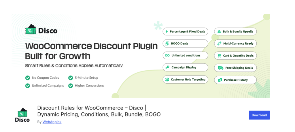 Disco WooCommerce discount plugin built for growth — featuring fixed cart discount, percentage deals, BOGO, bulk and bundle upsells, unlimited conditions, and auto-applied smart rules with no coupon codes required