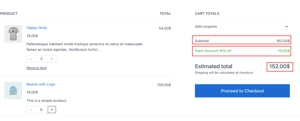 WooCommerce cart page showing Disco fixed cart discount of off automatically applied at checkout — reducing the subtotal from 2.00 to an estimated total of 2.00 with no coupon code required.