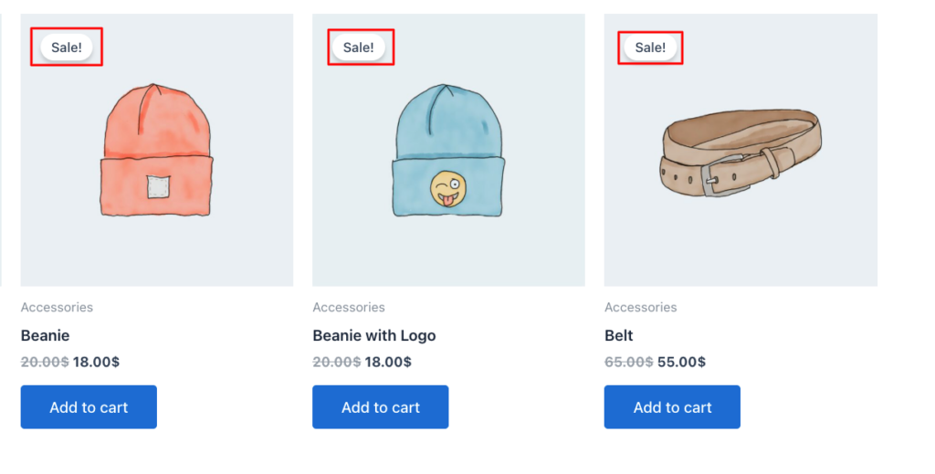 Default WooCommerce sale badge showing "Sale!" label on a product image in the shop page