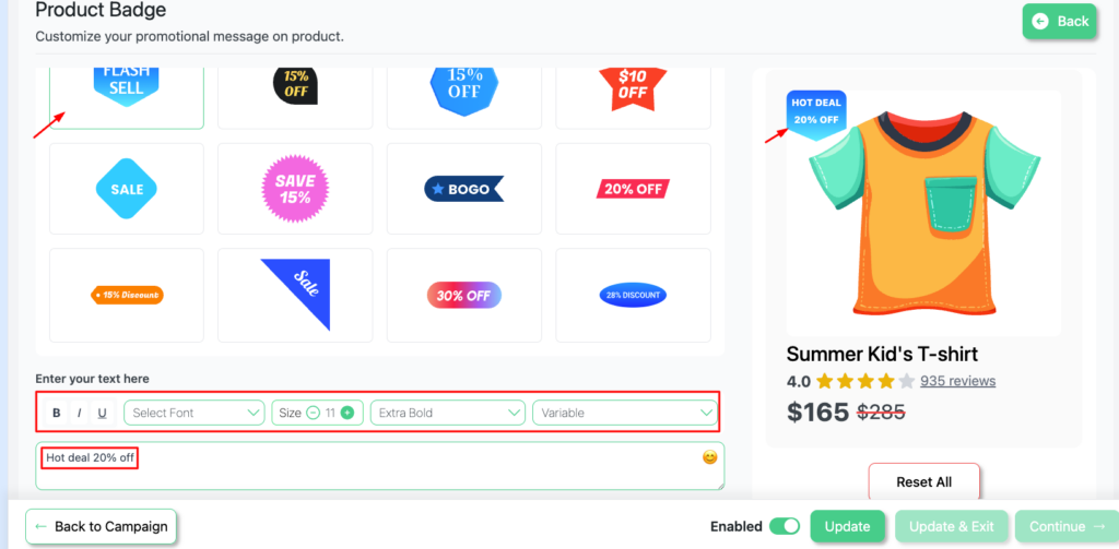 Disco plugin dashboard showing badge text customization field with dynamic percentage discount option selected