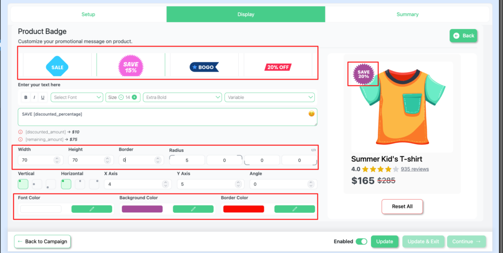 Disco plugin display settings showing toggle options for badge placement on shop page and single product page