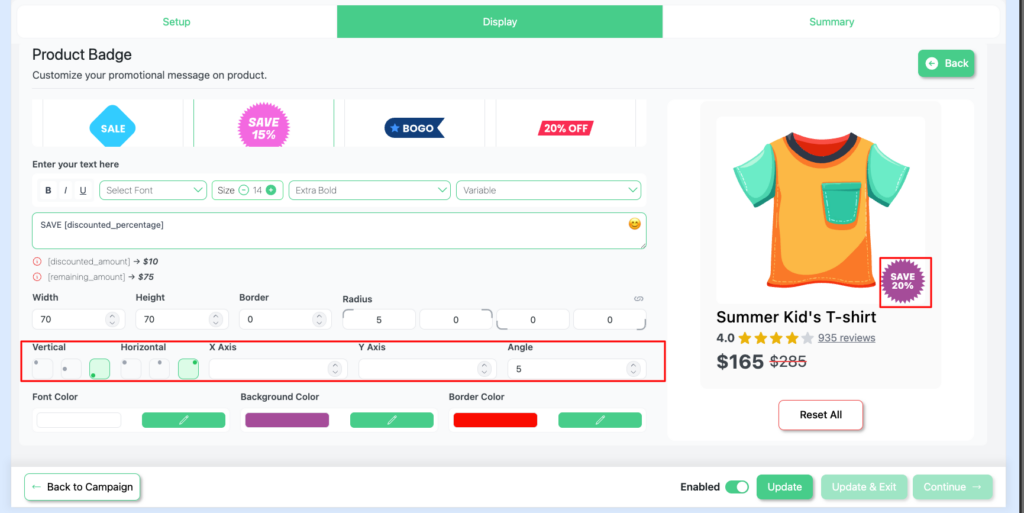Disco plugin display settings showing toggle options for badge placement on shop page and single product page