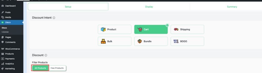 Step 4 of setting up an automatic cart discount in WooCommerce — Cart intent selected and All Products filter chosen in the Disco plugin discount rule setup
