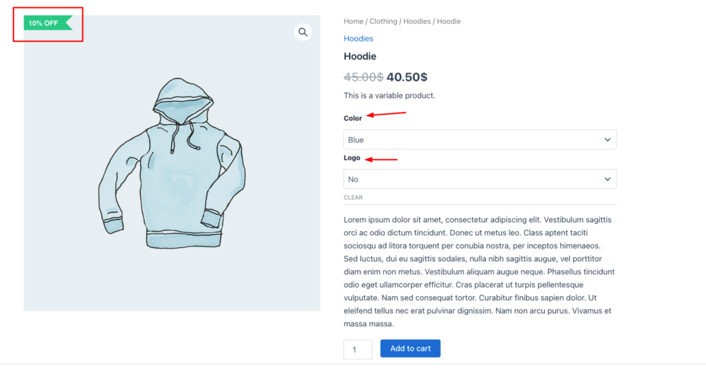 WooCommerce variable product page showing sale badge correctly displayed via Disco plugin
