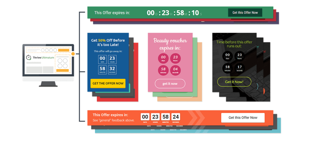 Thrive Ultimatum WooCommerce countdown timer plugin displaying multiple urgency campaign templates with expiring offer banners and popups
