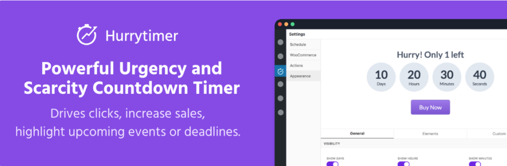 Hurrytimer WooCommerce countdown timer plugin showing urgency scarcity settings dashboard