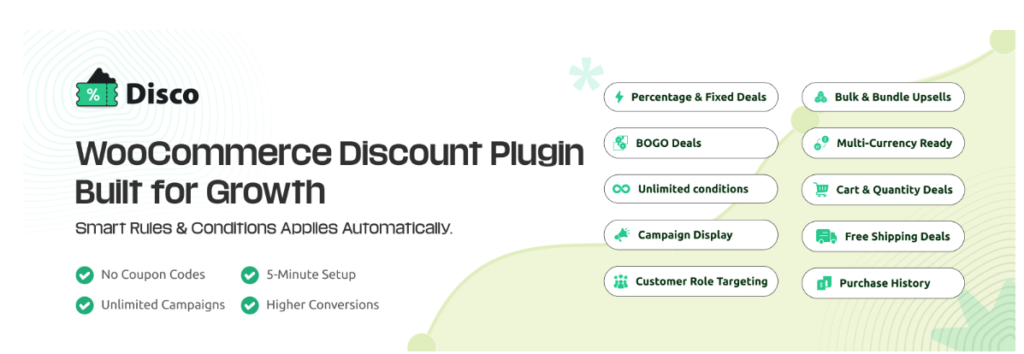 Disco WooCommerce discount plugin featuring BOGO deals bulk upsells and customer role targeting features
