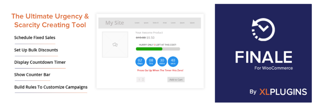Finale Lite WooCommerce countdown timer plugin showing product page urgency scarcity bar with scheduled sale price