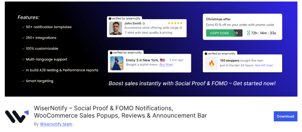 WiserNotify WooCommerce countdown timer plugin showing FOMO social proof notifications with live sales popups and urgency timer