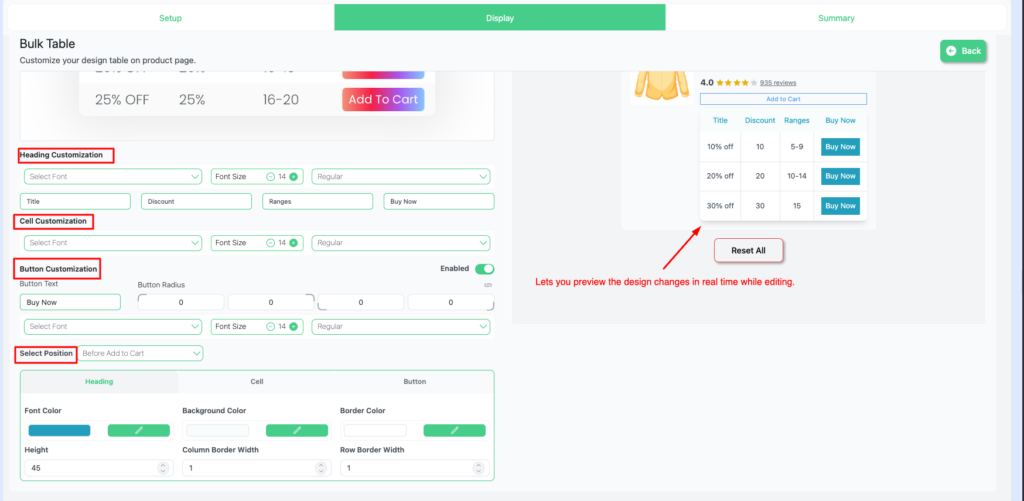 Customizing WooCommerce bulk discount table design with heading, cell, button, and color options