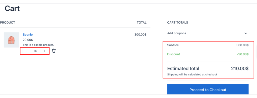 WooCommerce bulk discount table applied at cart showing 30% off on 15 items