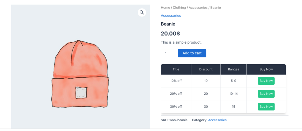 WooCommerce bulk discount table displayed on product page with tiered pricing and Buy Now buttons