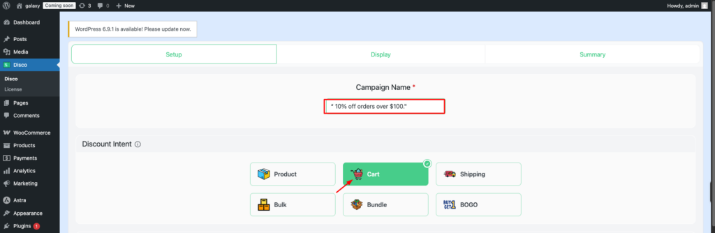 Step 3 of setting up an automatic cart discount in WooCommerce — naming the campaign and selecting Cart as the discount intent in the Disco plugin rule builder