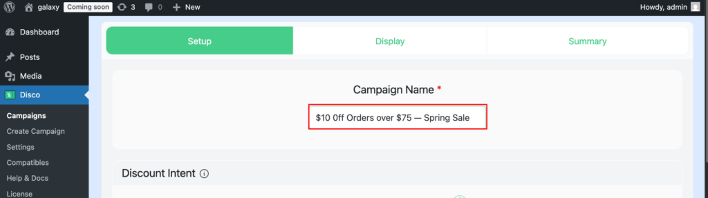 Disco plugin campaign setup screen showing a fixed cart discount rule named ' Off Orders over — Spring Sale' in the WordPress admin dashboard