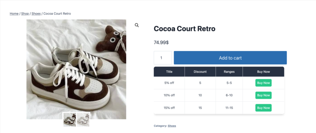 How to Create Black Friday Sales in WooCommerce (Setup Guide & Plugin) 4 WooCommerce product page for Cocoa Court Retro shoes showing a tiered quantity discount table with 5%, 10%, and 15% off